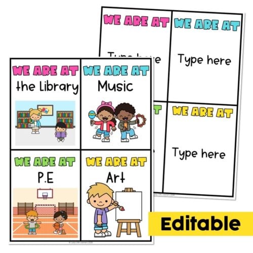 Colorful classroom signs with 'We Are At' labels for library, music, P.E., and art, featuring children engaging in activities, designed for early childhood education settings.