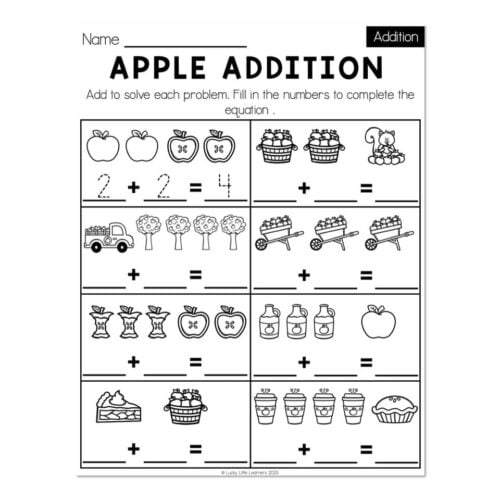 Kindergarten worksheet titled Apple Addition with images of apples, baskets, trucks, trees, and cupcakes for addition practice in September.