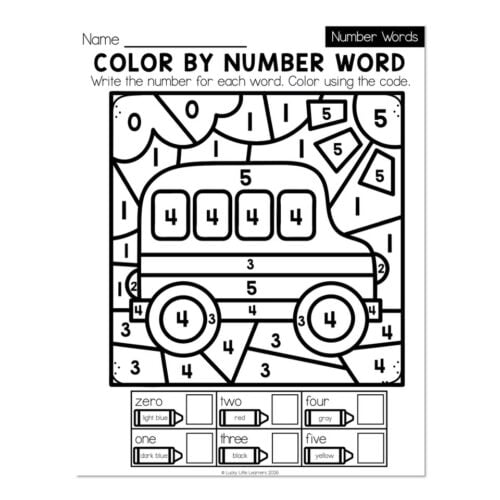 Color by Number Word worksheet for kindergarten with number words, color codes, and number matching activities for September learning.