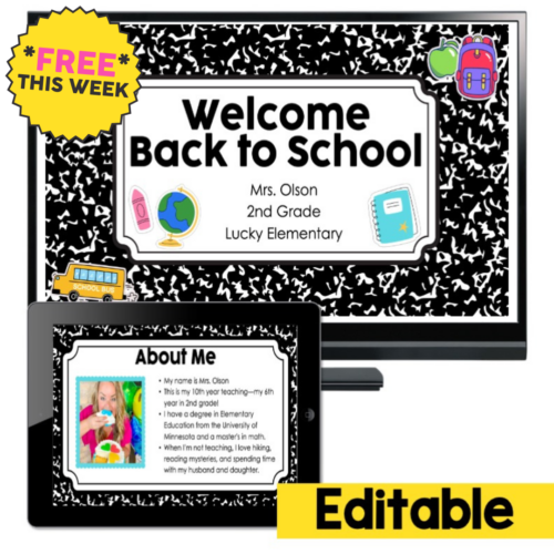 Back to school welcome sign for Mrs. Olson's 2nd grade class at Lucky Elementary, featuring editable slides, colorful school bus, backpacks, and educational icons for teacher introduction.
