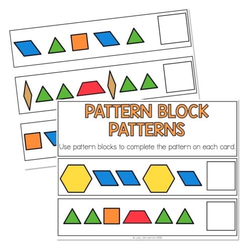 Educational pattern block activity sheet with colorful geometric shapes and instructions for completing patterns, designed for early learning and pattern recognition skills.