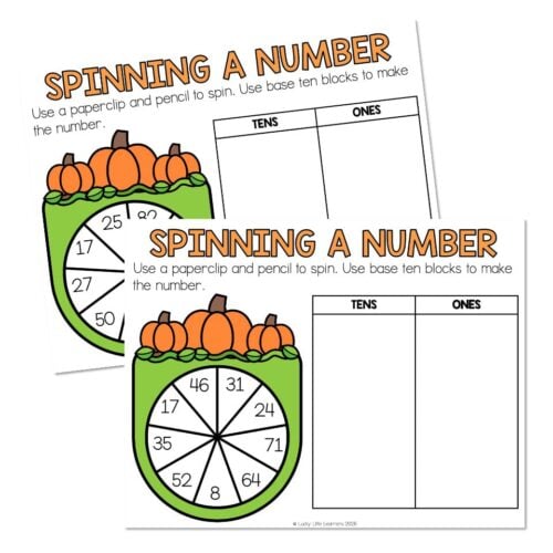 Educational worksheet from Lucky Little Learners showing pumpkin-themed number activities for kids, including spinning a number and breaking it into tens and ones, with colorful pumpkin illustrations.