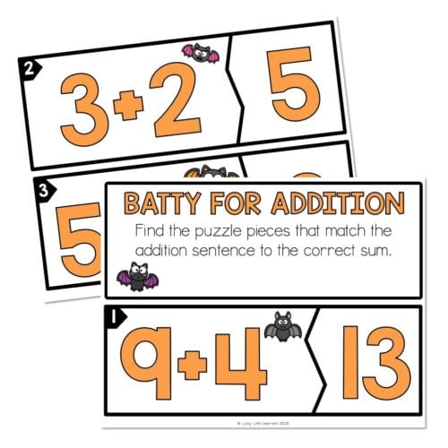Educational math activity featuring addition puzzles with colorful cards and a Batty for Addition theme for early learners.