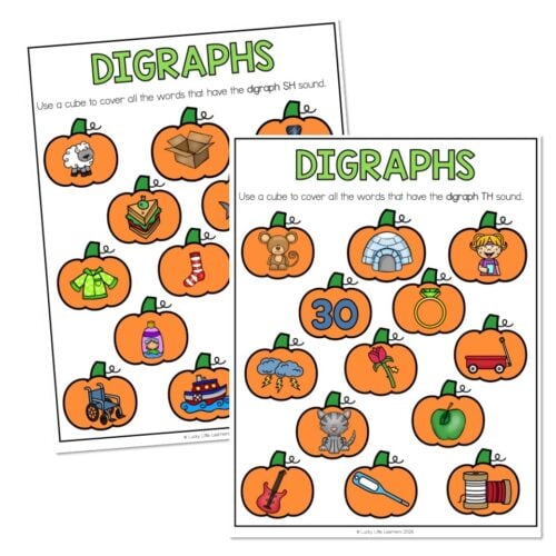 Educational digraphs activity sheets for SH and TH sounds featuring pumpkins, animals, and objects for early literacy learning.