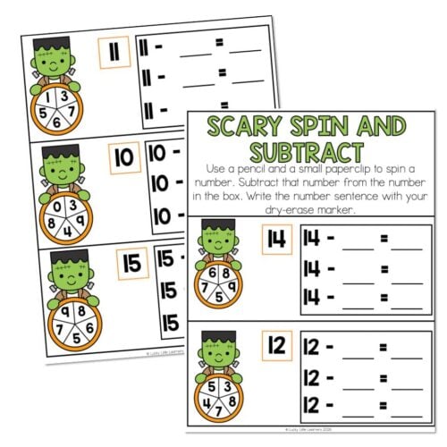 Educational math activity featuring a Halloween-themed character for subtraction practice, with printable number sentences and instructions for kids' learning at Lucky Little Learners.