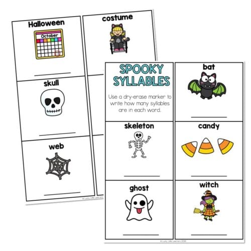Halloween-themed educational worksheet featuring vocabulary words like costume, skull, web, bat, skeleton, candy, ghost, and witch with colorful illustrations for kids.