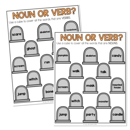 Educational worksheet for kids distinguishing nouns and verbs with tombstone-themed words like scare, ghost, pumpkin, walk, scream, and monster for language learning.