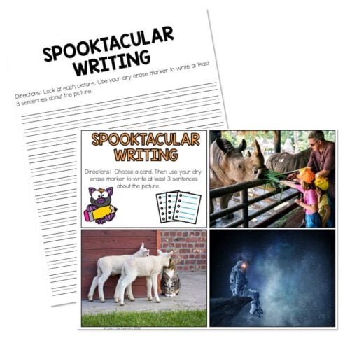 Educational Halloween-themed writing activity sheet titled 'Spooktacular Writing' with images of a girl feeding a horse, goats, and a space scene, designed for kids' learning and creativity.