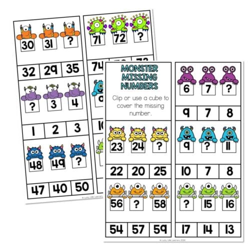 Educational monster-themed missing number activity sheets for kids, featuring colorful monsters and number sequences for learning and fun.