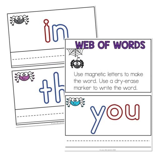 Educational printable activity for early learners featuring magnetic letters, spider illustrations, and the phrase 'Web of Words' to help children practice spelling and word recognition.