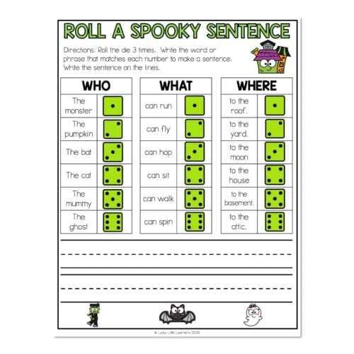 Educational worksheet titled 'Roll a Spooky Sentence' with dice and prompts for creating spooky sentences about monsters, pumpkins, bats, cats, mummies, and ghosts for kids' learning activities.