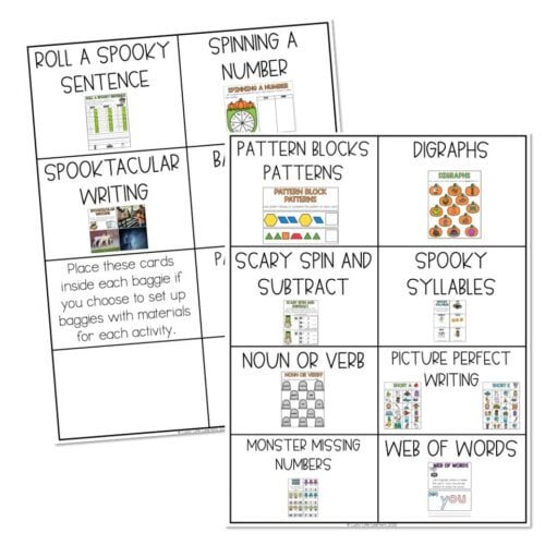 Educational printable activity cards for early literacy and math skills, including spooky-themed writing, pattern blocks, digraphs, and web of words for kids' learning.
