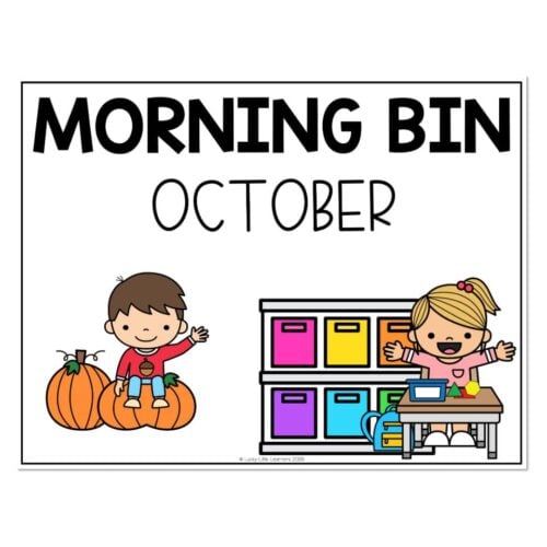 Colorful classroom poster featuring a boy sitting on a pumpkin and a girl at a desk with storage bins, titled 'Morning Bin October' for preschool or kindergarten learning activities.