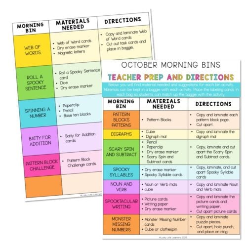 October morning bins activity chart with categories like Web of Words, Roll a Spooky Sentence, Spinning a Number, Batty for Addition, Pattern Block Challenge, and others, featuring colorful sections.
