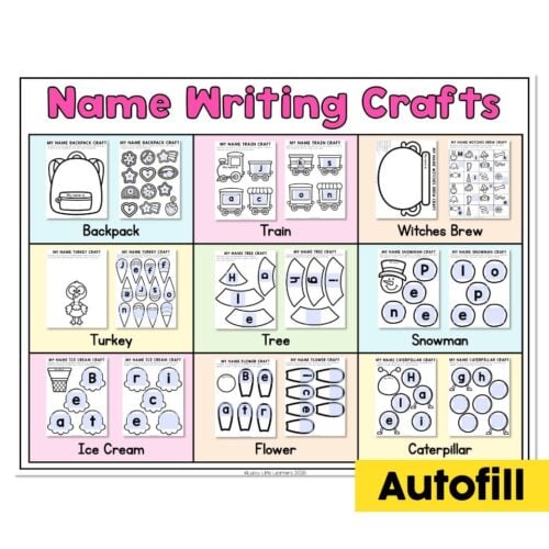 Colorful name writing craft activity sheet featuring backpack, train, witches brew, turkey, tree, snowman, ice cream, flower, and caterpillar with autofill label for educational use.
