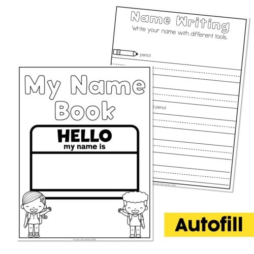 Educational children's name writing activity sheets from Lucky Little Learners, featuring a 'My Name Book' cover and a practice worksheet for writing names with different tools, designed for early学习.