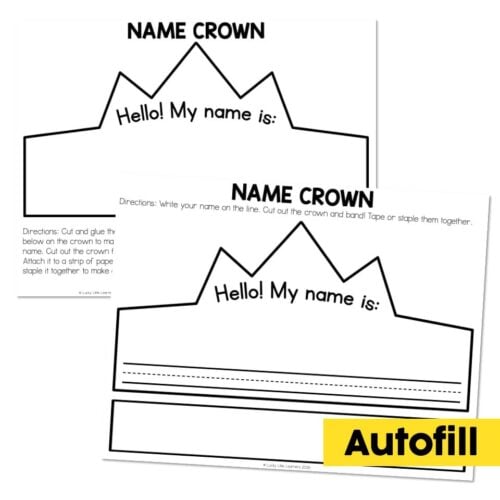 Printable name crown craft activity for kids with 'Hello! My name is:' prompt and space for writing, featuring a fun, black-and-white design with a yellow 'Autofill' label.