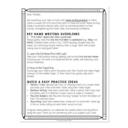 Educational letter writing guide for children with tips on name practice, tripod grip, and fun writing activities, designed to improve literacy skills and handwriting.