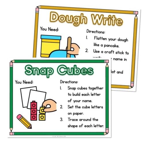 Educational classroom activity sheets for young children showing Dough Write and Snap Cubes exercises with colorful illustrations and instructions for handwriting and letter building.