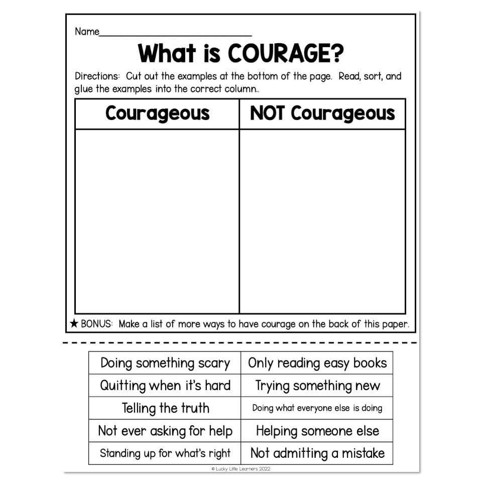 Courage Examples Charts.pdf Social Emotional Learning – Courage – Sort - Lucky Little Learners