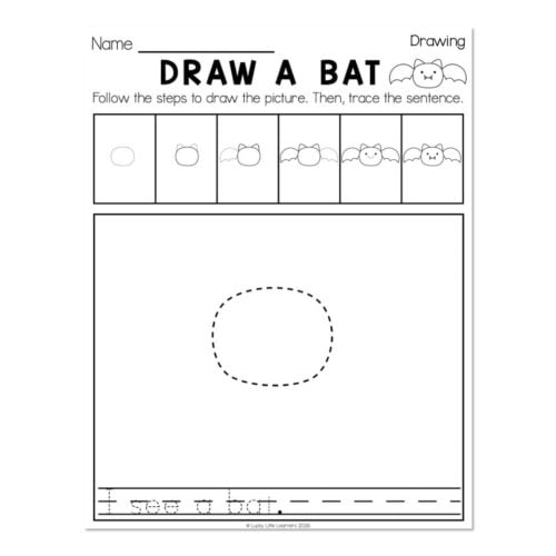 Educational worksheet for children to learn how to draw a bat by following step-by-step instructions and tracing the dotted outline, suitable for early learners.