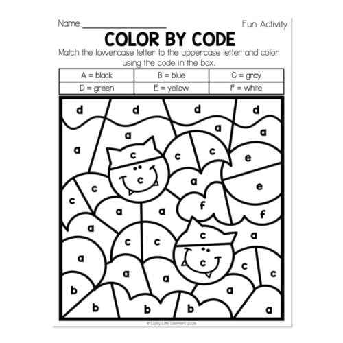 Color by code worksheet featuring pumpkins with lowercase and uppercase letters, matching each letter to its color using a provided code key for educational activity.