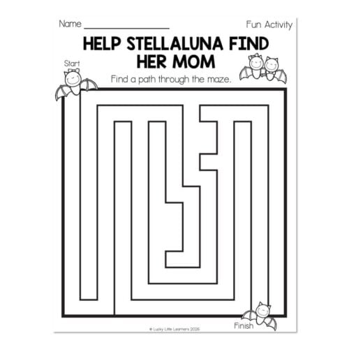 Maze activity worksheet titled 'Help Stellaluna Find Her Mom' with a maze, featuring cute cartoon bats at the start and finish points, designed for children's educational fun.