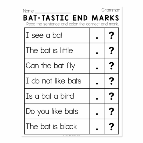 Educational worksheet titled 'Bat-tastic End Marks' for teaching punctuation, featuring sentences about bats with missing end marks, designed for early learners.