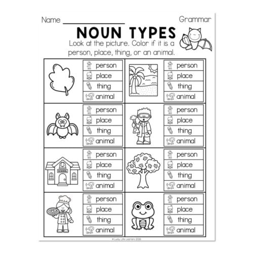 Educational worksheet on noun types featuring images of a leaf, beach scene, bat, scientist, school, tree, chef, and frog with labels for person, place, thing, and animal.
