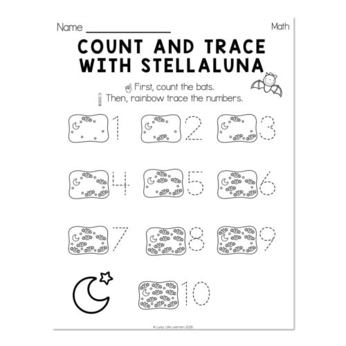 Educational worksheet for counting and tracing numbers 1 to 10 with StellaLuna theme, featuring bat and moon illustrations for early childhood learning.