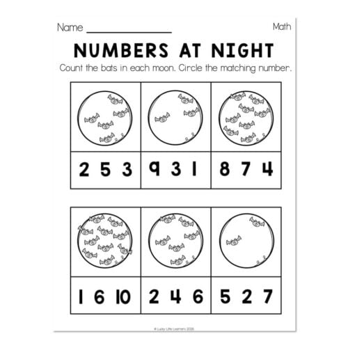 Educational worksheet titled 'Numbers at Night' with two sections, each featuring circles with candies representing numbers, and matching number options below for children to match and count candies.
