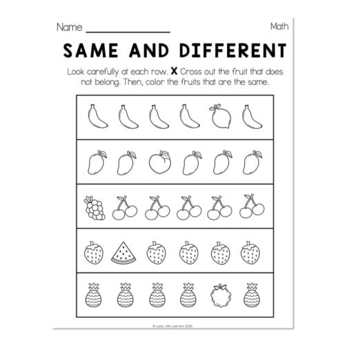 Educational worksheet titled 'Same and Different' featuring black and white line drawings of fruits like bananas, apples, grapes, strawberries, and pineapples for early learning activities.