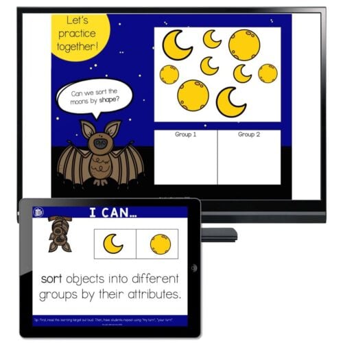 Educational activity from Lucky Little Learners teaching children to sort moons by shape using a tablet and a screen with moon shapes and categories.