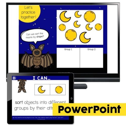 Educational PowerPoint and tablet screen showing a moon sorting activity for kids, featuring moon shapes by shape and group, with a cute bat character and space-themed design.