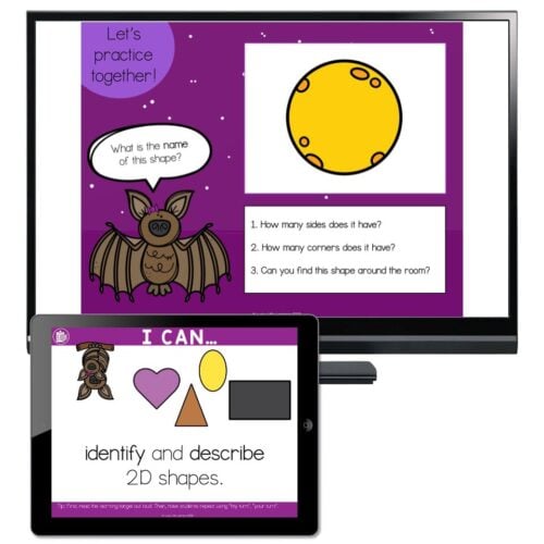 Educational image from Lucky Little Learners showing a bat and a yellow circle, with questions about shapes, sides, and corners for kids' learning activities.