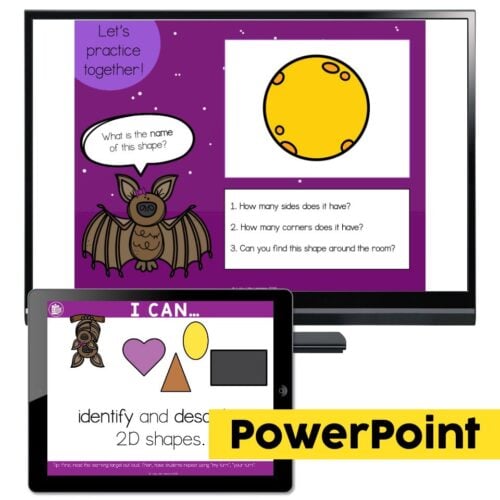 Educational PowerPoint and tablet screens displaying shapes and a bat character for early childhood learning activities at Lucky Little Learners.