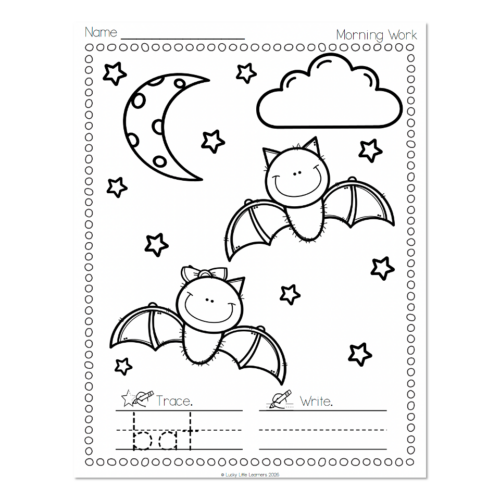 Black and white children's educational worksheet featuring a moon, clouds, stars, and cute bats for tracing and writing practice, ideal for early literacy and handwriting skills.