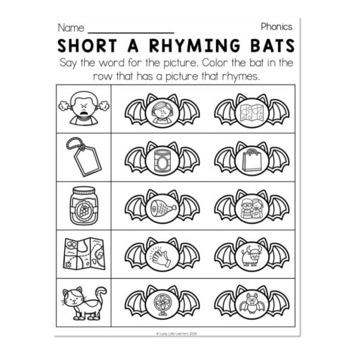 Educational worksheet for short a rhyming bats activity with pictures of a bat, a book, a jar, a fish, a hand, and a mouse, designed for early phonics learning.