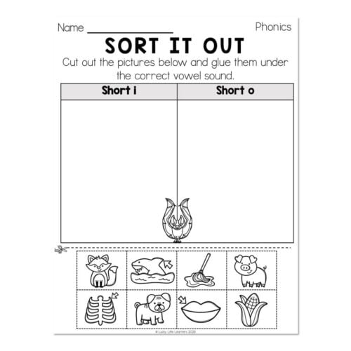 Educational phonics worksheet titled 'Sort It Out' for short i and short o sounds, featuring images of a fox, fish, mop, pig, ribs, dog, lips, and corn for vowel sound sorting.