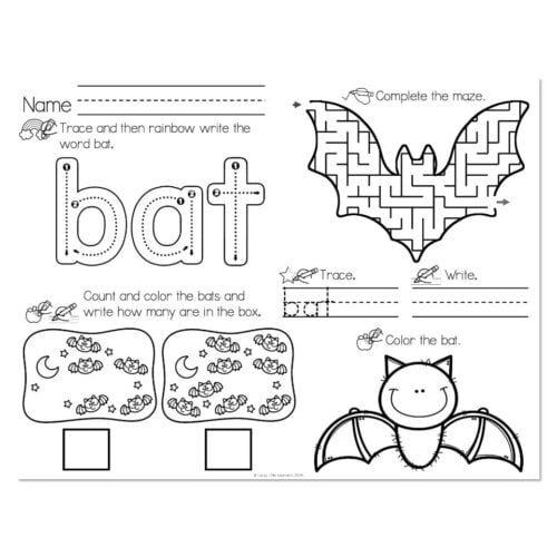 Educational children's worksheet featuring activities to trace and write the word 'bat', complete a maze, count and color bats, and color a cute bat illustration for early learning.
