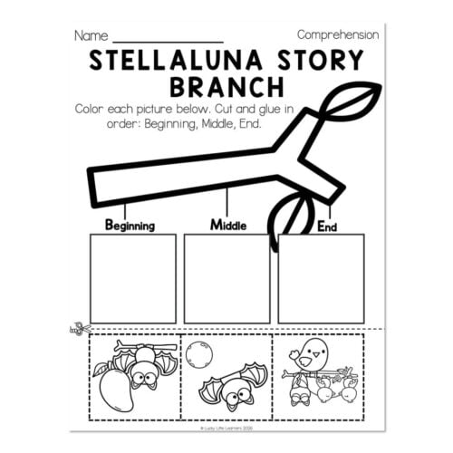 Stellaluna story sequence worksheet with three boxes for beginning, middle, and end, featuring coloring images of Stellaluna bat, bat flying, and Stellaluna with fruit for kids' literacy activities.