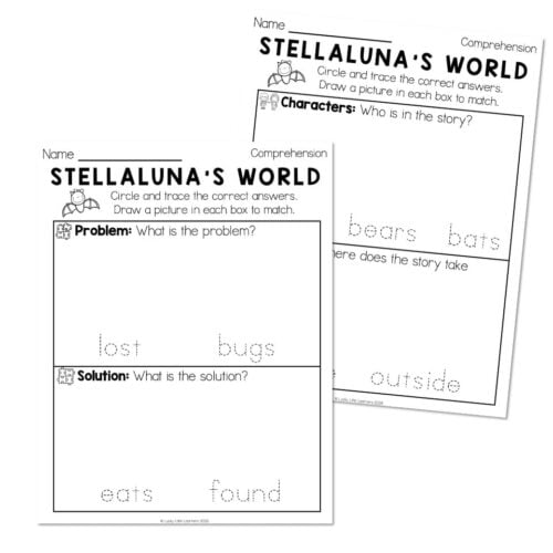 Educational worksheet from Lucky Little Learners titled 'Stellaluna's World' with activities on characters, problem, and solution for early literacy and comprehension skills.