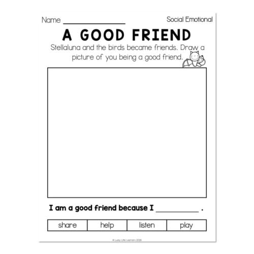 Worksheet titled 'A Good Friend' featuring a space for drawing, with a bird illustration, and options like share, help, listen, and play for social-emotional learning activities.