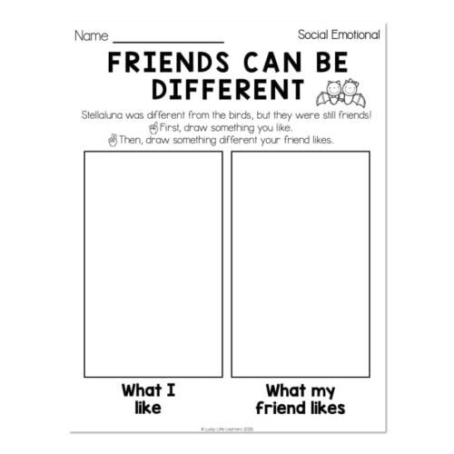 Educational worksheet titled 'Friends Can Be Different' encouraging children to draw and compare what they like and what their friends like, focusing on social-emotional learning.