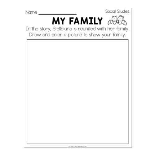 Educational worksheet titled 'My Family' for social studies, featuring a space for drawing a family picture and instructions to illustrate reunification with family.