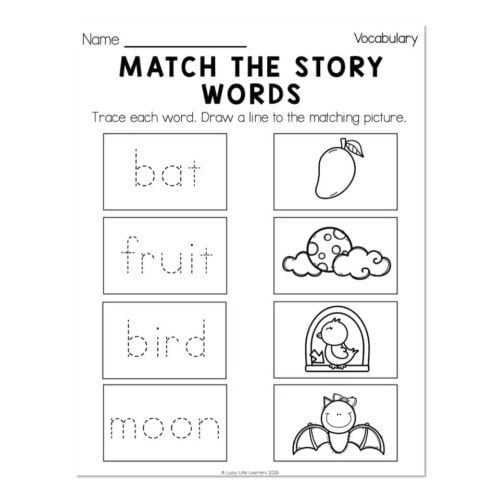Educational worksheet for matching story words with pictures, featuring words like 'bat', 'fruit', 'bird', and 'moon' with corresponding images for early literacy learning.