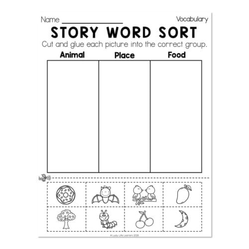 Educational worksheet for story word sort activity with images of a cookie, bat, ducks, pear, tree, caterpillar, bicycle, and moon for young learners.