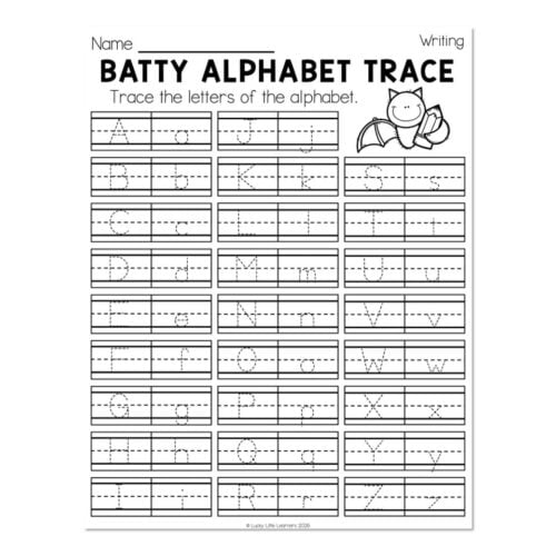 Batty Alphabet Trace worksheet for kids to practice tracing uppercase and lowercase letters with a bat character illustration.