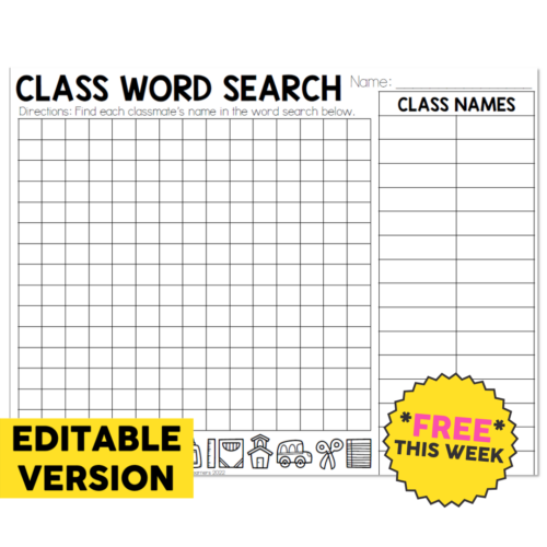 Editable classroom back to school word search worksheet with space for student names and a free weekly offer, designed for early elementary learning.