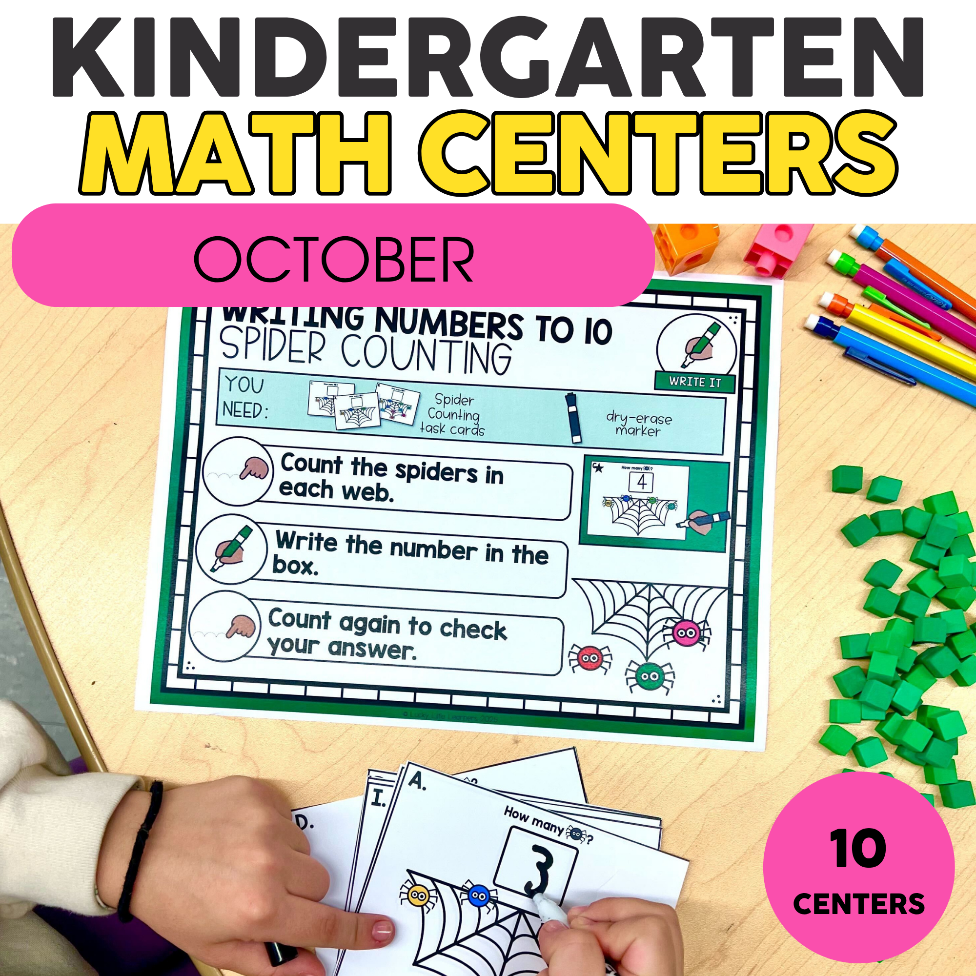 Kindergarten math centers activity for October focusing on writing numbers to 10 and spider counting with visual aids and cards for early learners.